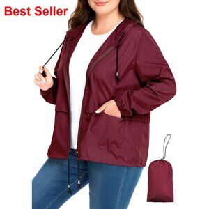 Plus Size Waterproof Rain Jacket Lightweight Packable Hooded Windbreaker